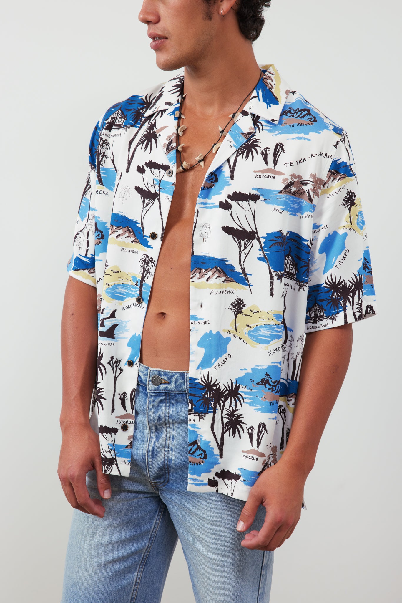 Person wearing a colorful Hawaiian shirt with palm tree and beach design on a plain background