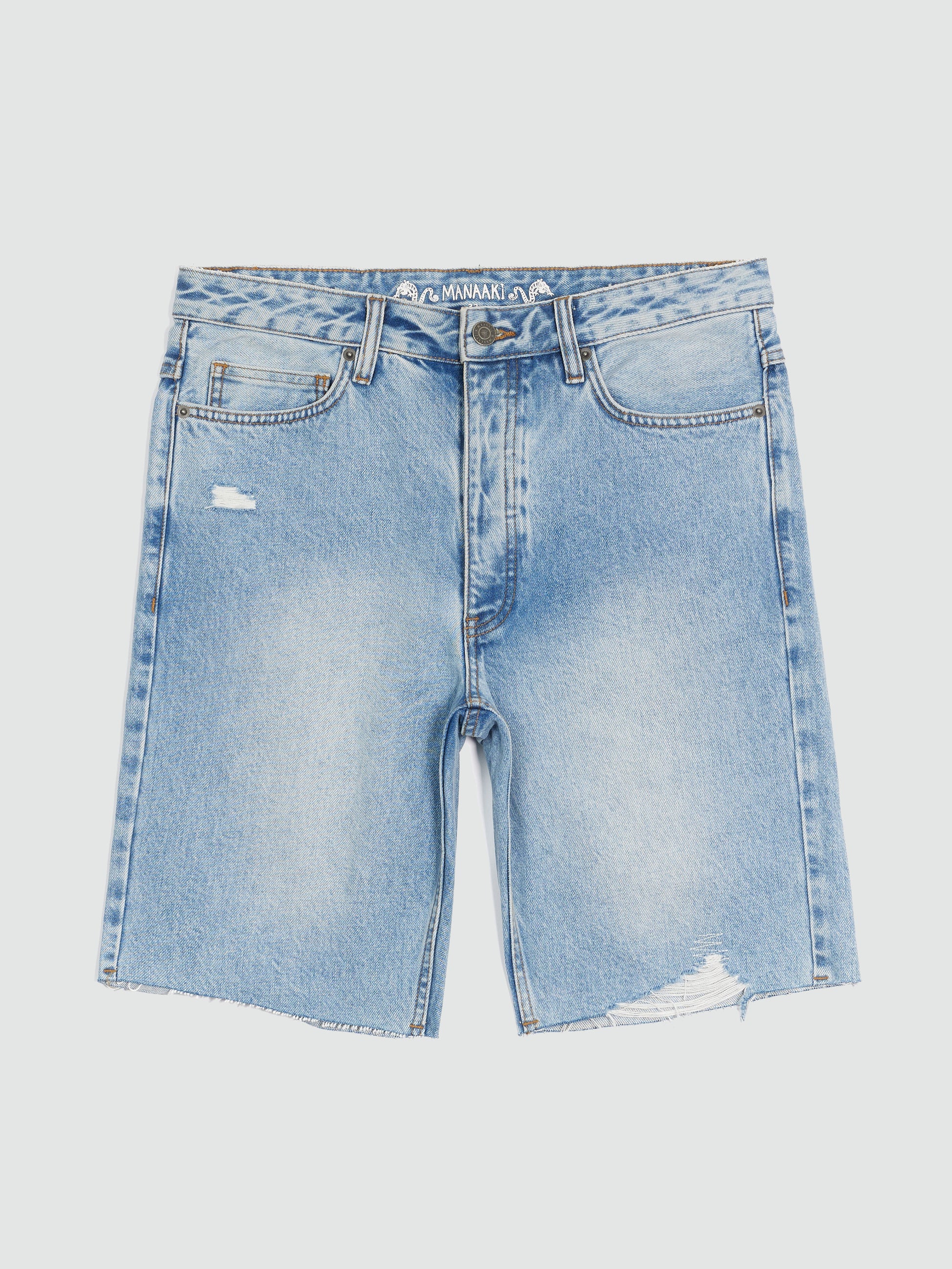 Light blue denim shorts on a light gray background