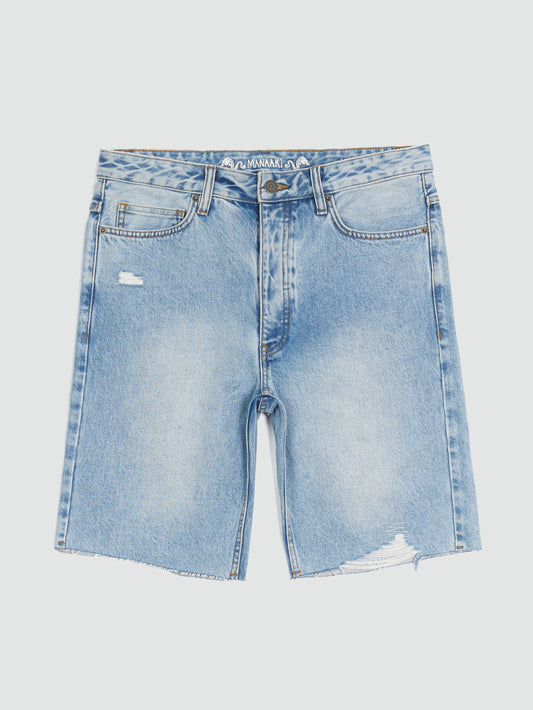 Light blue denim shorts on a light gray background