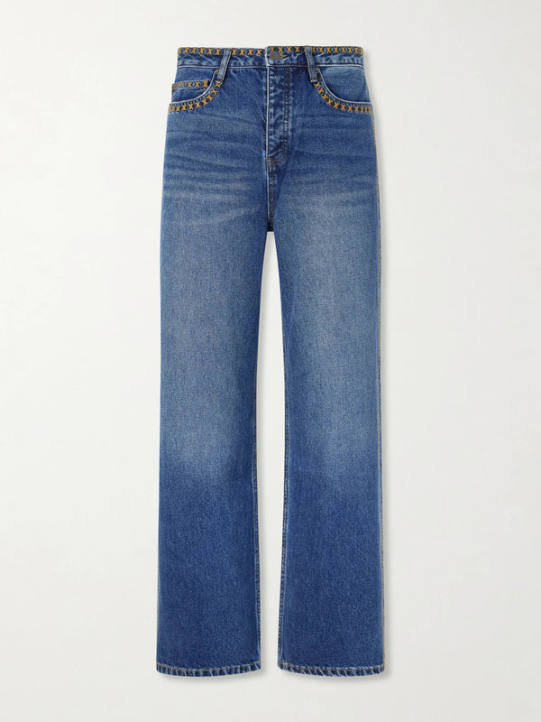 Tukutuku Straight-Leg Embroidered Organic Jeans