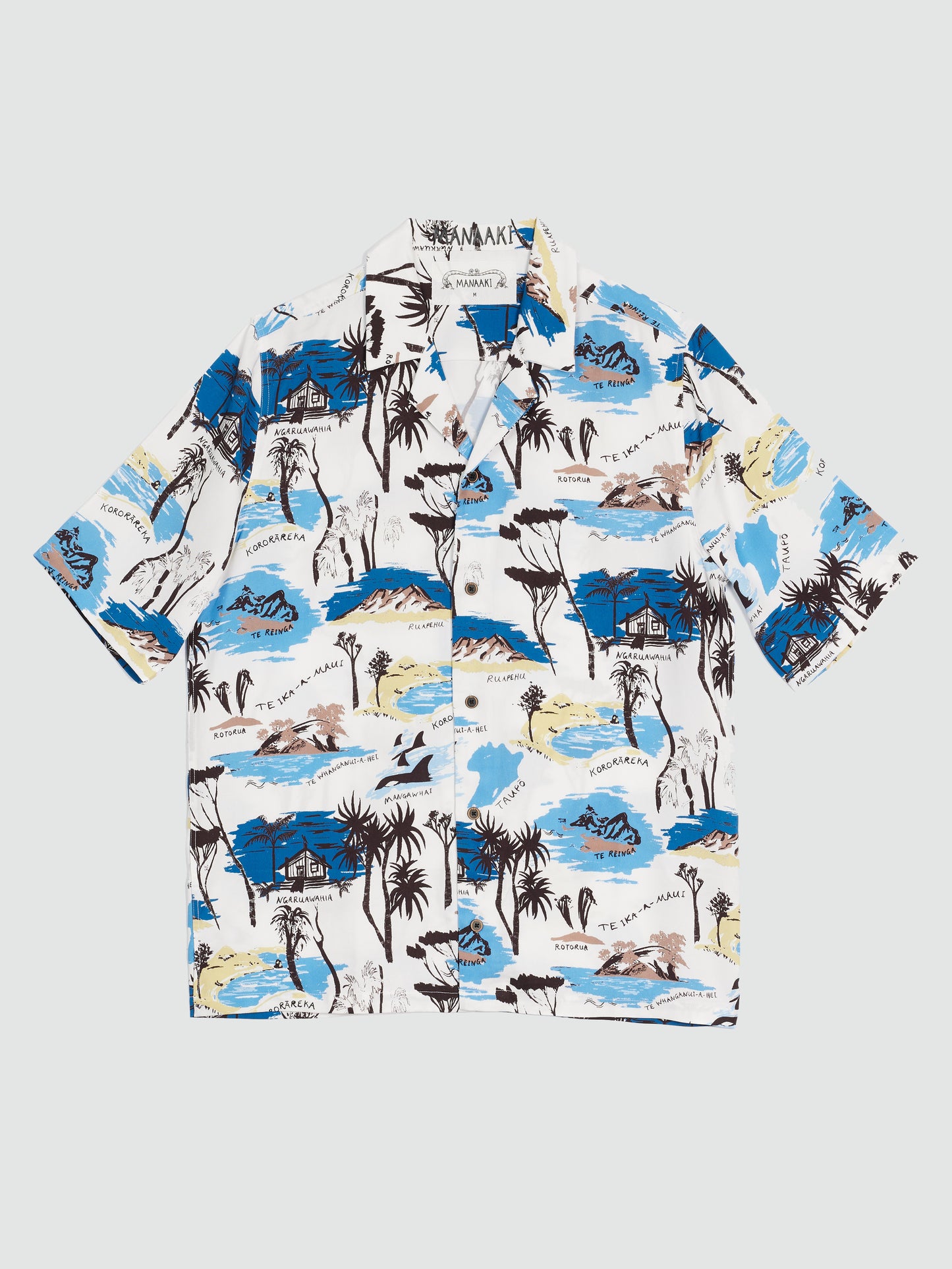 Shirt with a colorful animal and landscape pattern on a white background